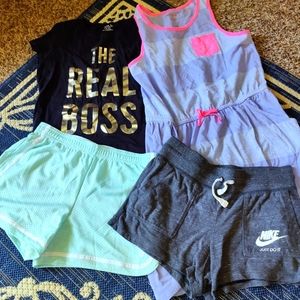 Girls 4 PC Bundle Shorts Tee The Real Boss & Dress / Swimsuit Cover up Sizes 14